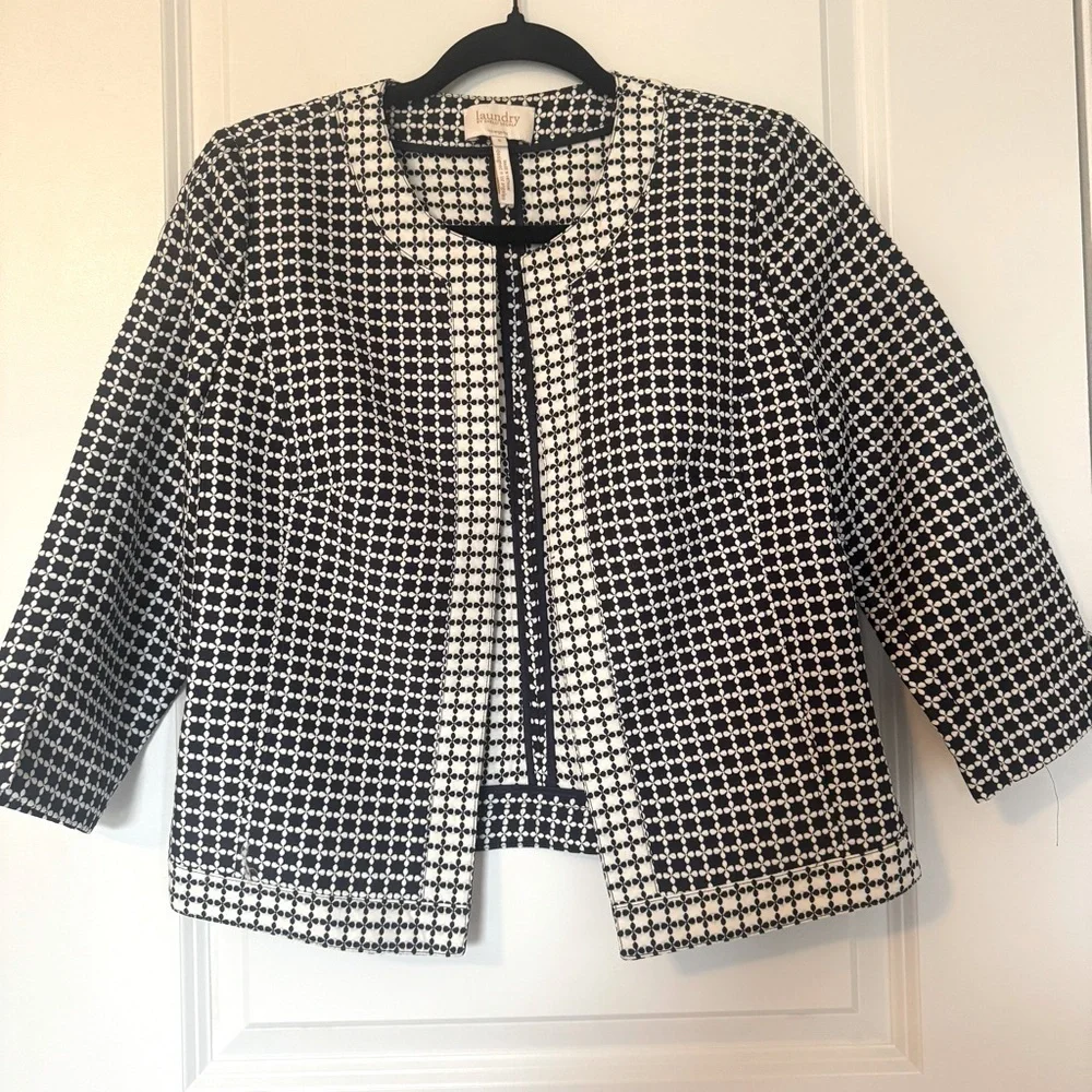 Laundry by Shelli Segal Navy and White Women's Size 6 Open Front Blazer